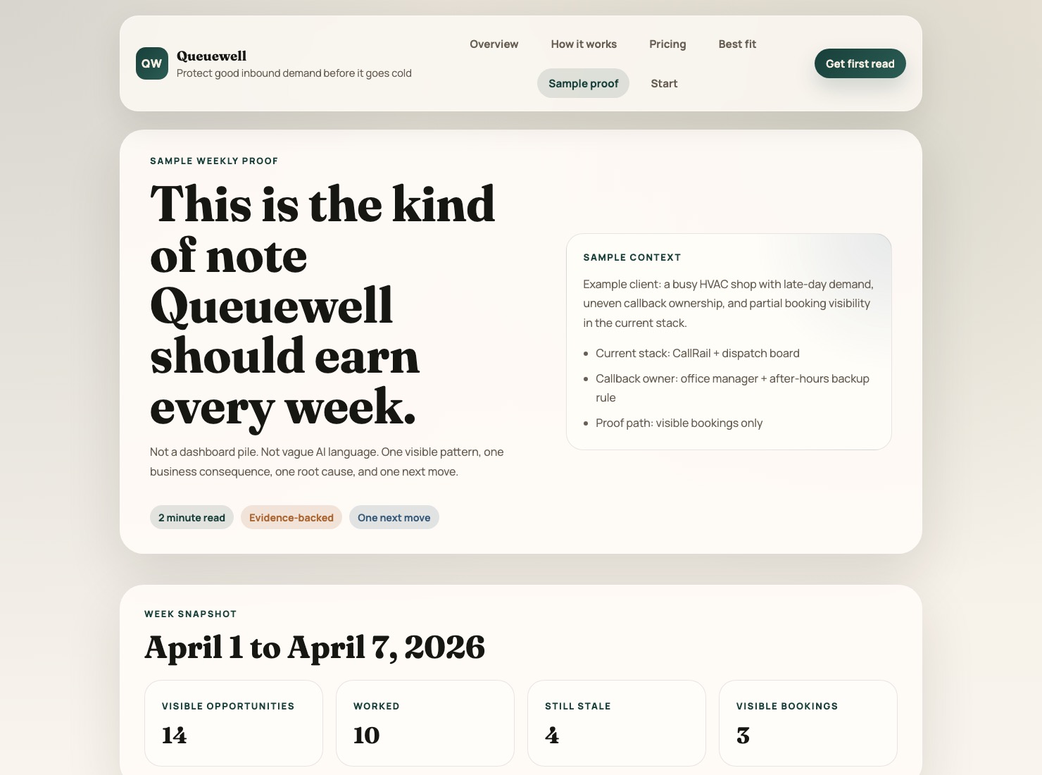 Queuewell sample weekly proof showing a concise note and week snapshot