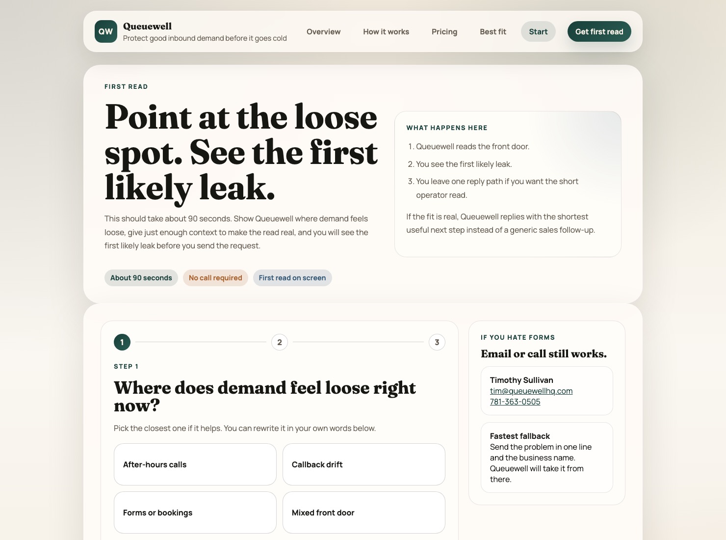 Queuewell quick-start screen showing the first-read form